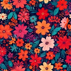 a vibrant and colorful floral pattern with a variety of flowers in shades of orange, pink, and yellow, interspersed with green leaves