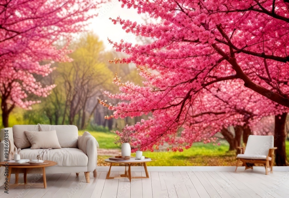 Poster a serene outdoor patio scene is set against a backdrop of cherry blossom trees in full bloom, their 