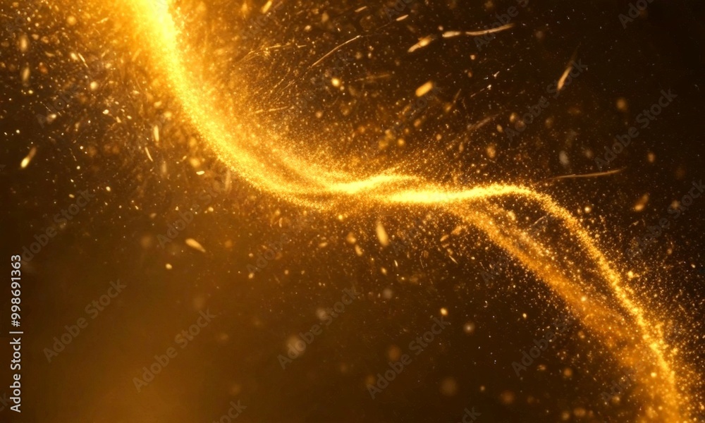 Poster a dynamic scene of golden particles swirling and dancing in a dark background, creating a sense of m
