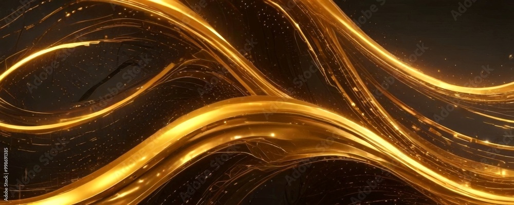 Poster a striking abstract composition of golden lines and swirls against a dark background, creating a sense of movement and dynamism