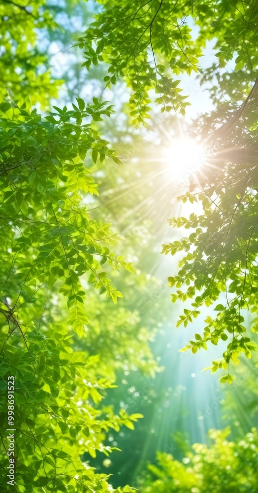 Poster Sunlight filters through the lush green leaves tree, casting a warm glow and creating a serene and tranquil atmosphere