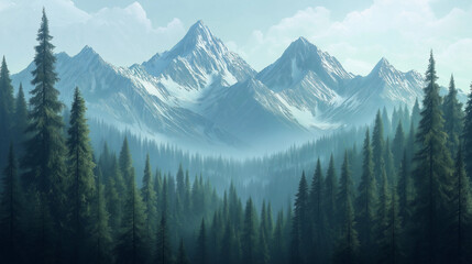 Naklejka premium Stunning Mountain Landscape Overlooking Snowy Peaks and Lush Forest During Summer