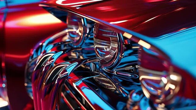 Shiny red classic car reflects blue and orange lights, showcasing its vintage elegance and metallic details up close, evoking nostalgia and power