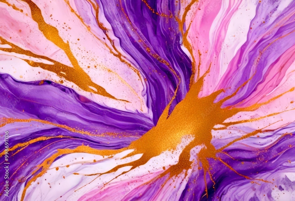 Poster a vibrant abstract painting with a swirling pattern of purple and pink hues, accented by gold splashes and drips The central focus is a large gold blob, surrounded by