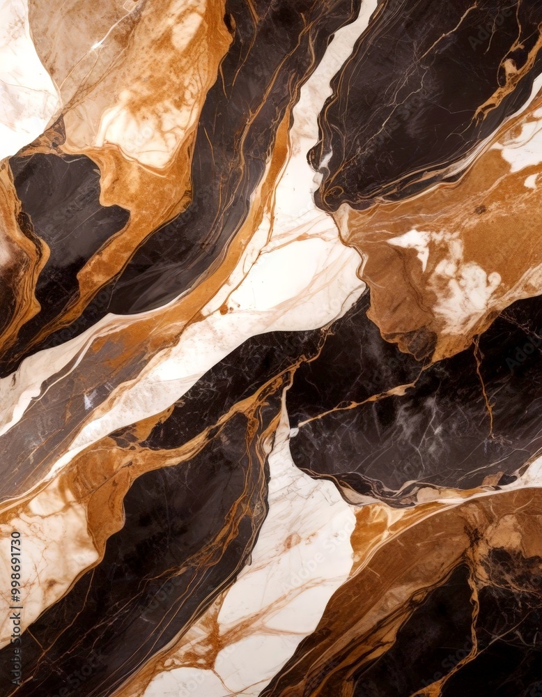 Poster a close-up view marble surface with a striking pattern of swirling lines and swirls in various shades of brown, black, and white