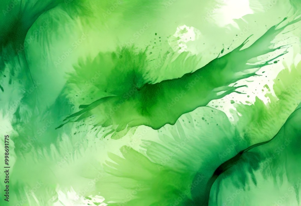Poster a vibrant abstract painting with a green color palette, featuring a mix of fluid brushstrokes and sp