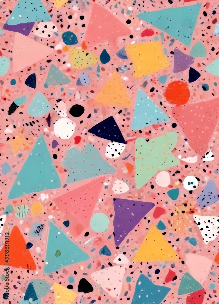 Aufkleber a vibrant and abstract pattern composed of various geometric shapes, including triangles, rectangles, and circles, in a range of pastel colors such as pink, blue, green,