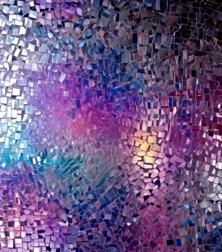 Poster a mosaic pattern composed of small, square tiles in various shades of purple, pink, and blue, creati