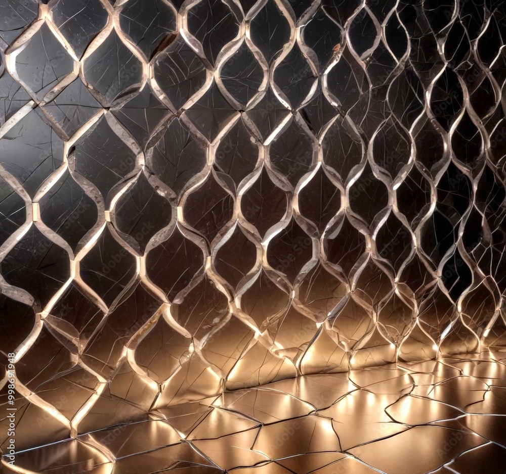 Poster a close-up view textured, metallic surface with a repeating pattern of diamond-shaped holes The surface appears to be made material that resembles metal, with a