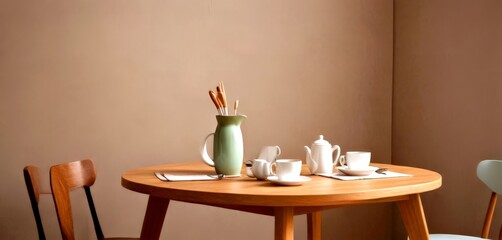 A wooden table with a teapot, cups, and a vase of wooden sticks, set against a beige wall