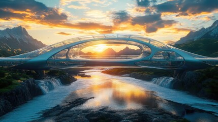 Obraz premium A futuristic glass bridge spanning a fast-moving river, with mountains and a sunset in the background