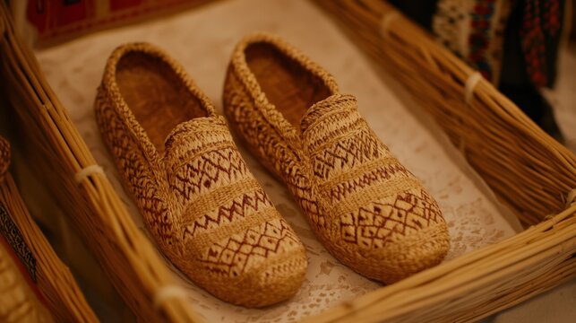 Close-up of intricate woven lapti shoes for spring cultural display
