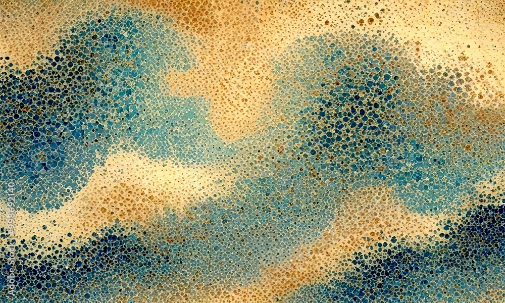 Poster a textured abstract pattern composed of small dots in shades of blue and beige, resembling a cloud o