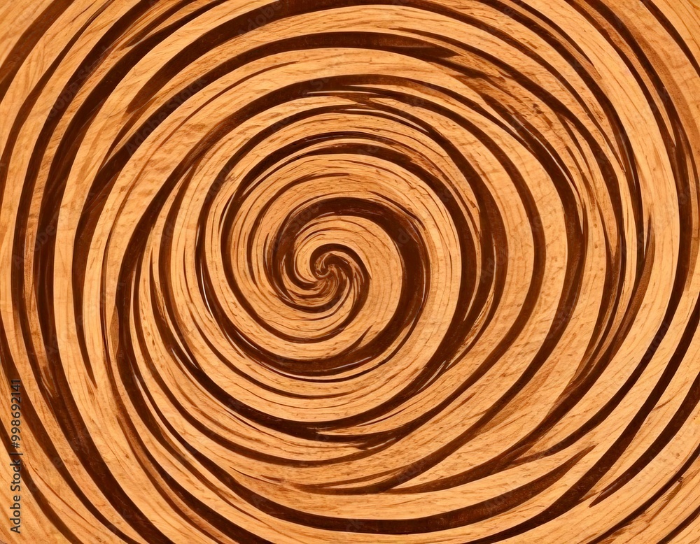 Poster a close-up view wooden spiral pattern, with a dark brown color scheme and a lighter brown center