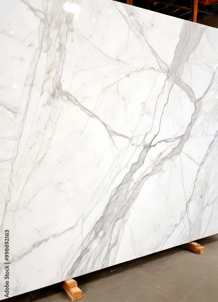 Poster a large, white marble slab with a distinctive pattern of gray and white veins, displayed on wooden s