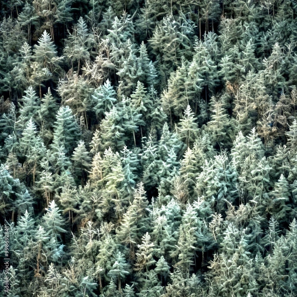 Poster a dense forest of evergreen trees with a mix of green and brown foliage, creating a textured and lay