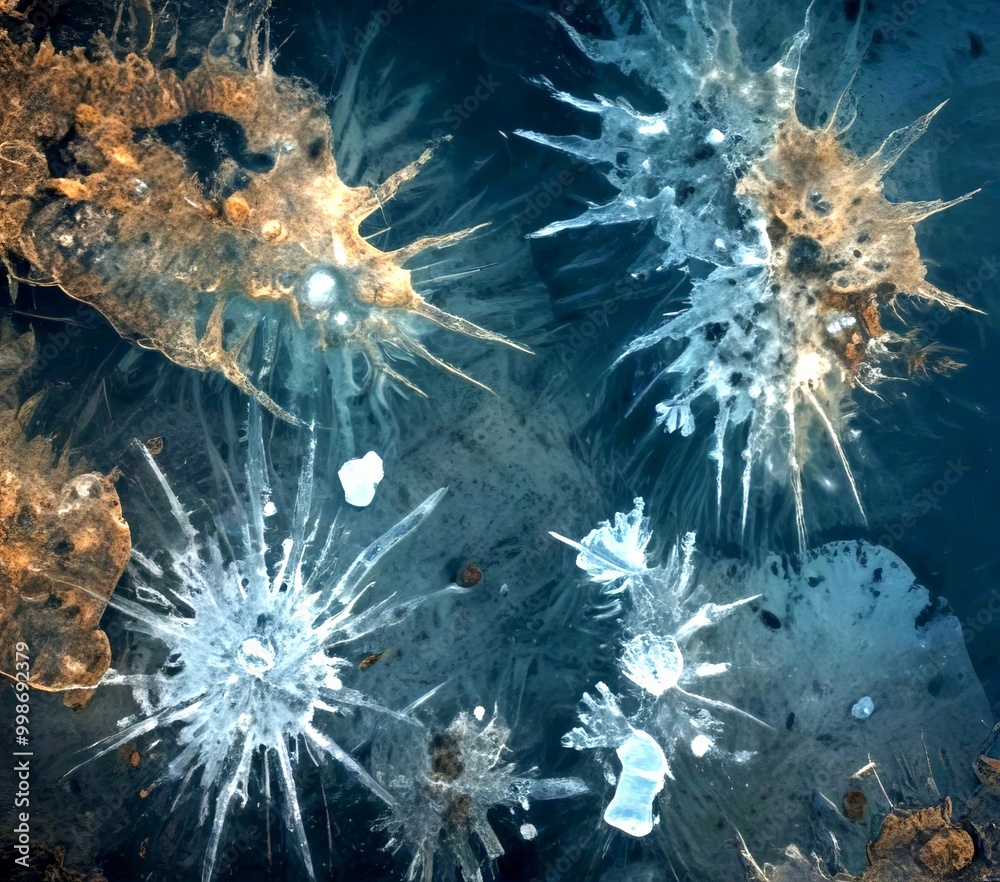 Poster a close-up view frozen surface, with intricate patterns of ice crystals and water droplets scattered