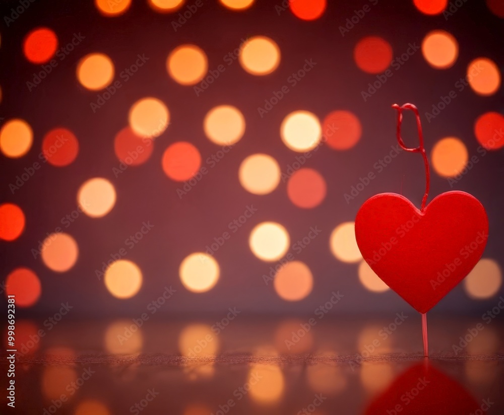 Leinwandbilder A red heart-shaped object is suspended from a string against a backdrop of blurred, colorful lights