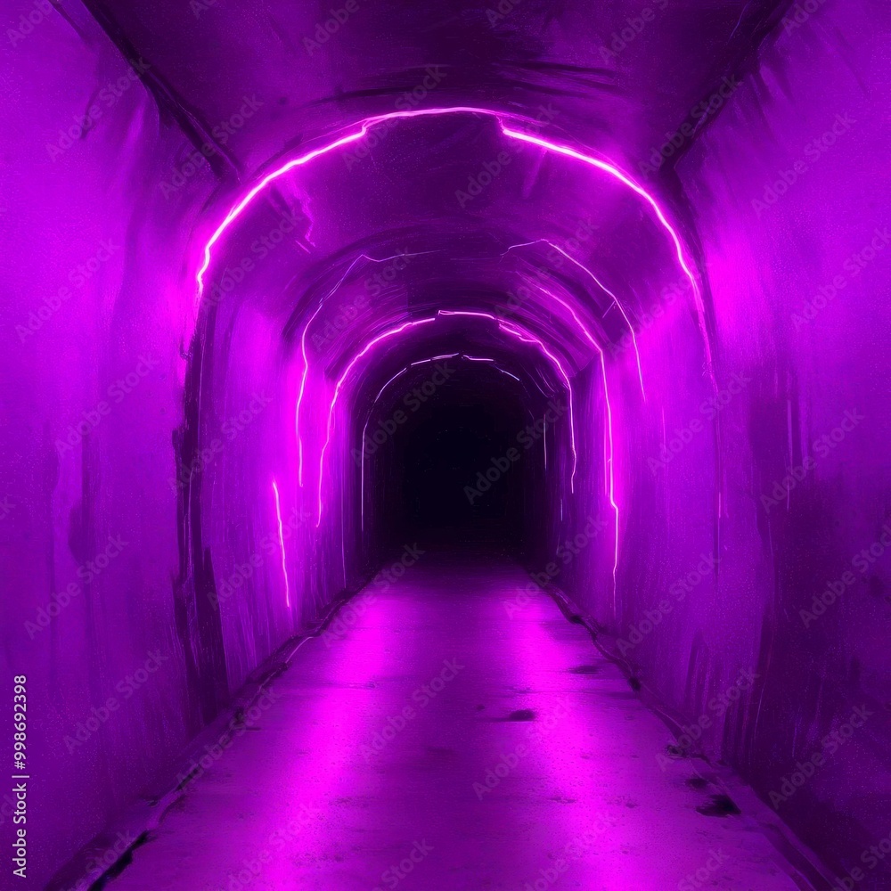 Poster a long, dark tunnel with a curved ceiling and a single, bright light at the end, illuminated by a pu