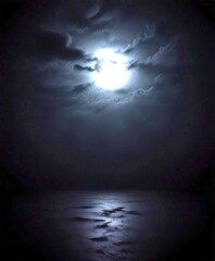 A full moon shines brightly against a dark, cloudy night sky, casting a serene glow over a calm body of water below