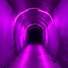 Fototapeta premium A long, dark tunnel with a curved ceiling and a single, bright light at the end, illuminated by a purple glow