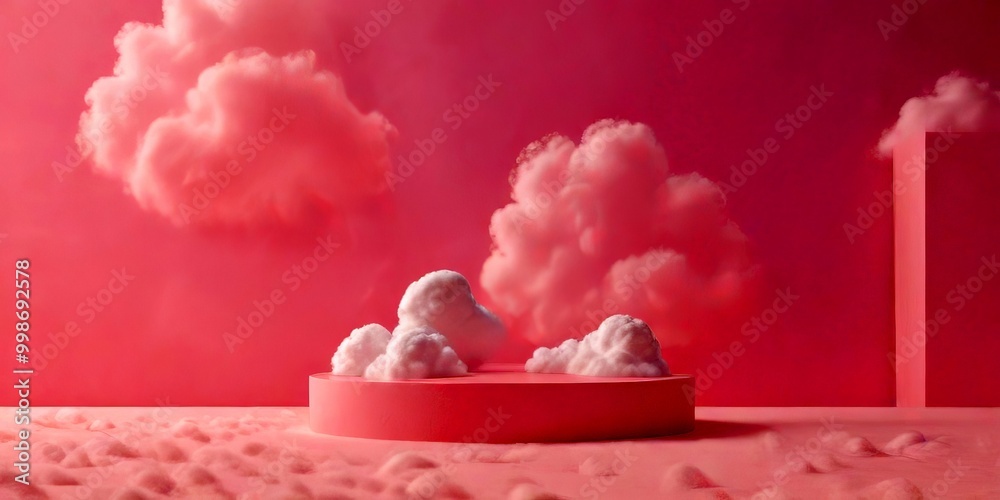 Aufkleber a pink platform with white clouds sits on a pink surface, surrounded by a pink background with a pin