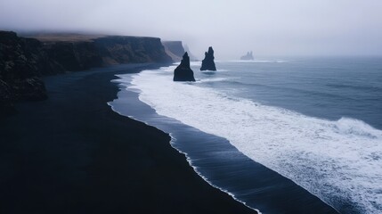 Dramatic black sand beach of iceland - nature's beauty for prints and posters
