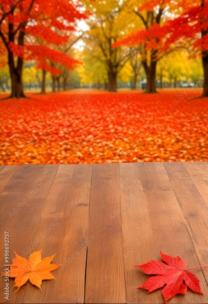 Poster a wooden table with autumn leaves in the foreground and a blurred background of trees with red and y