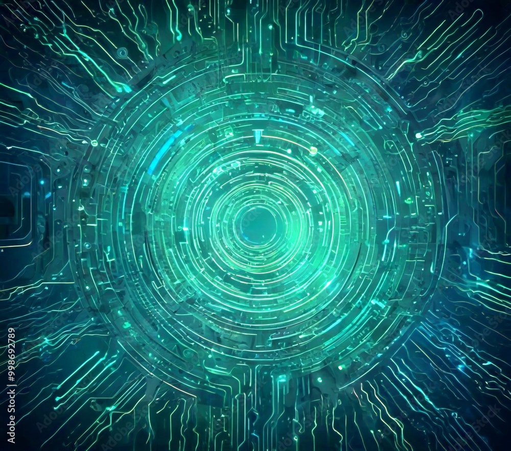Poster a futuristic, cyberpunk-inspired scene featuring a circular pattern of glowing green lines and dots, creating a sense of depth and complexity