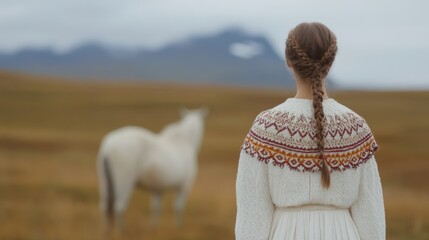 Eclectic icelandic fashion: traditional knitwear in serene countryside for art prints