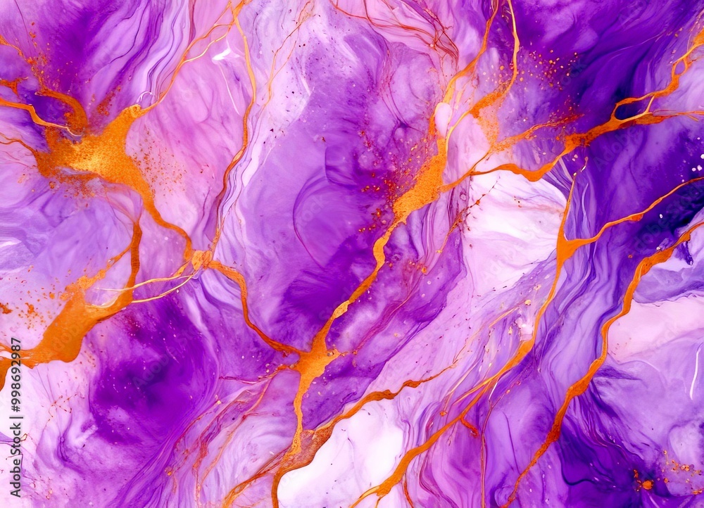 Poster a marble-like abstract pattern with a purple and gold color scheme, resembling the texture of marble The pattern is composed of curved lines and swirls, creating a sense
