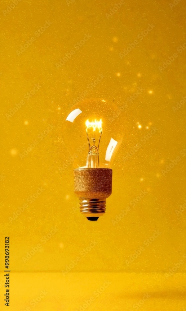 Poster a single light bulb, glowing with a warm yellow light, is suspended in mid-air against a vibrant yel