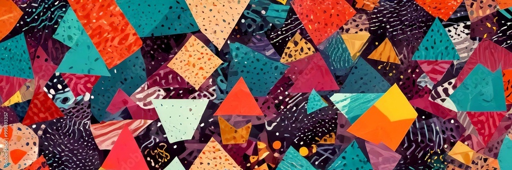 Poster a vibrant collage of overlapping triangles in various colors and patterns, creating a visually striking and abstract composition