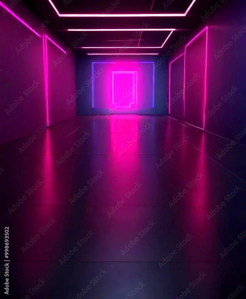 Poster a long, dimly lit corridor with a central neon square and a series of pink and purple lines running 