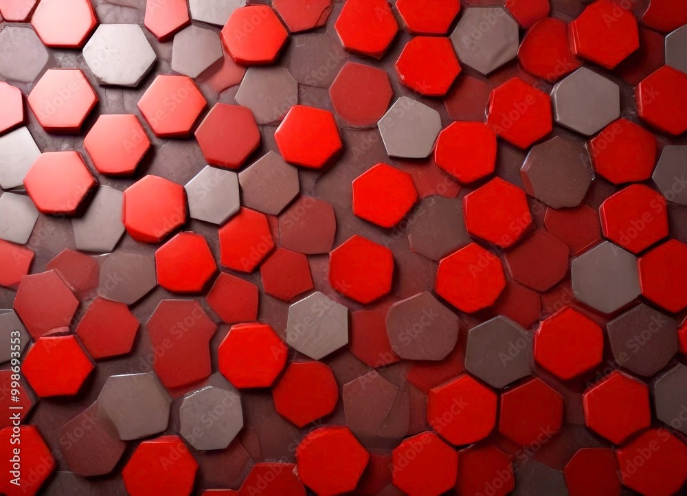 Poster A close-up view pattern of red and gray hexagonal tiles arranged in a grid-like fashion
