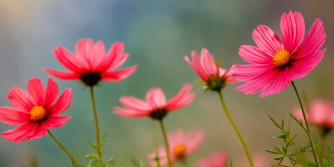 A close-up of pink cosmos flowers in full bloom, with a blurred background of green foliage