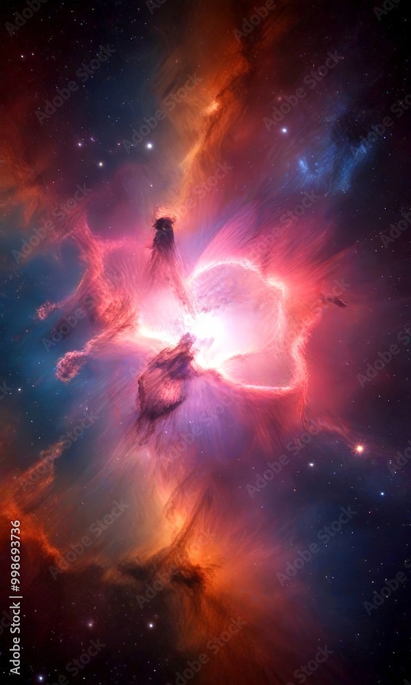 Poster a vibrant and colorful nebula, with swirling clouds of gas and dust illuminated by the light of distant stars The nebula is set against a backdrop of deep space, with