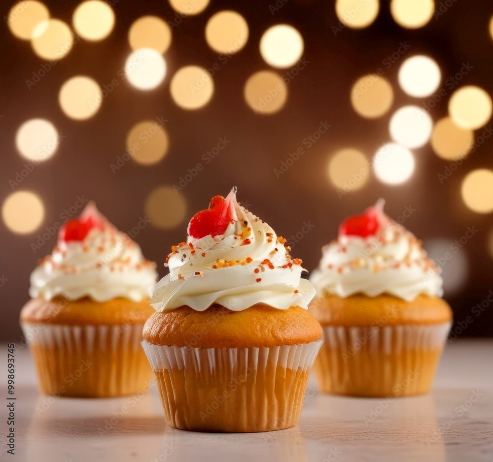 Aufkleber three cupcakes with white frosting and red cherries are arranged in a row, with a blurred background