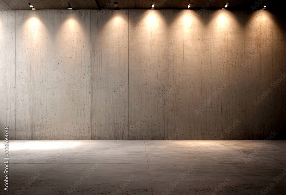 Poster A concrete wall with a series of evenly spaced lights illuminating it from above, creating a uniform and well-lit environment