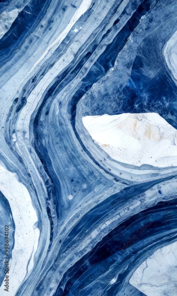 Poster a close-up view marble surface with a swirling pattern of blue and white hues, resembling the moveme