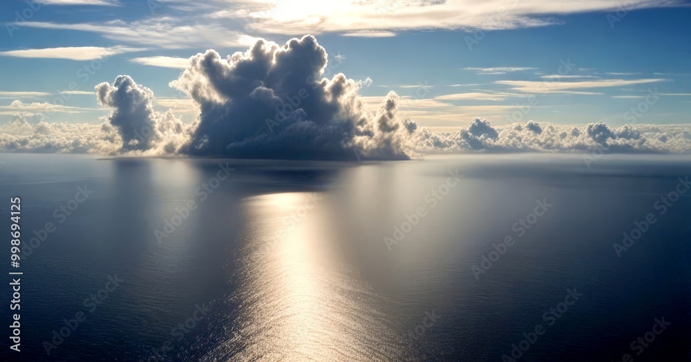 Poster a serene aerial view calm ocean, with a large cloud formation in the center and a bright sun casting