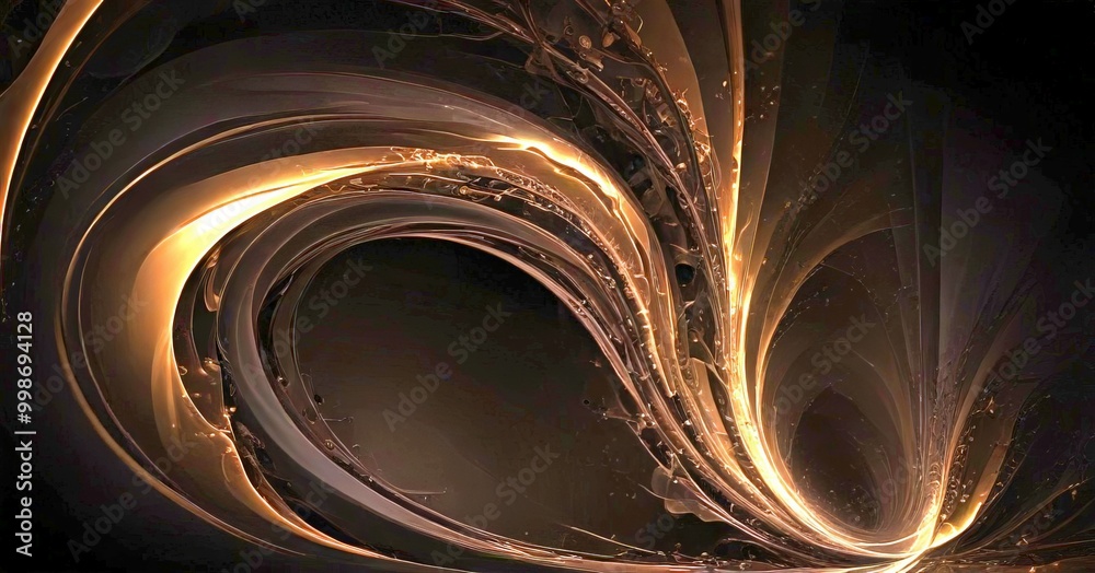 Poster a dark, abstract background with a swirling pattern of golden and black lines and shapes, creating a sense of movement and dynamism