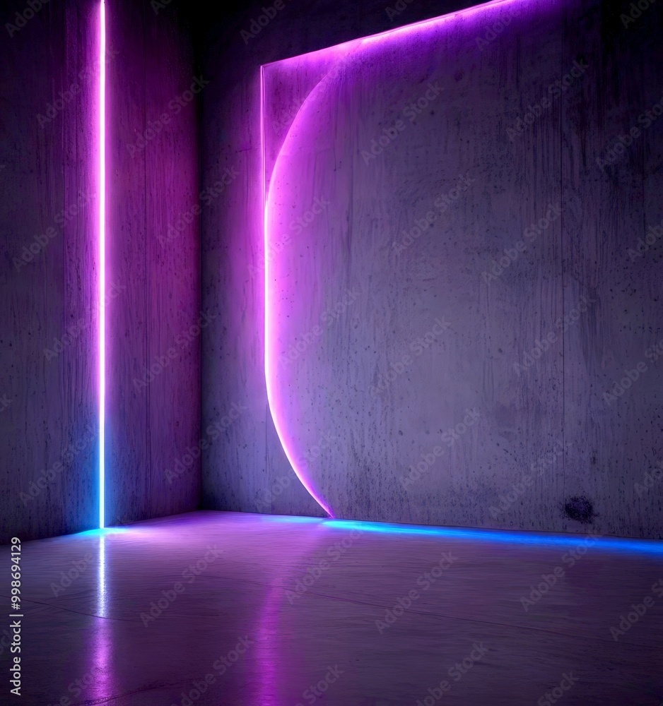 Poster a minimalist interior space with a concrete wall, a curved purple light, and a white floor the wall 