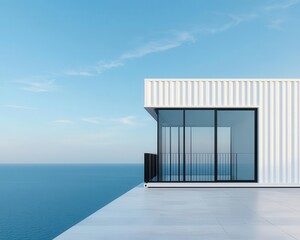 Fototapeta premium Contemporary container work room exterior with dark steel panels, wooden deck, and view of a forest
