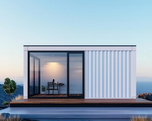 Fototapeta premium Contemporary container work room exterior with dark steel panels, wooden deck, and view of a forest