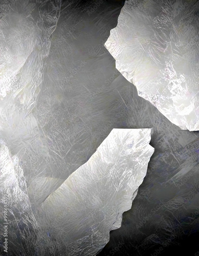 Poster a dark, abstract background with two distinct, jagged shapes in the center, one larger and more prom
