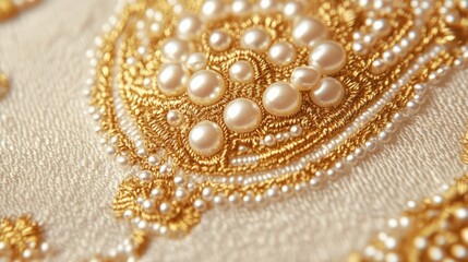 Obraz premium Elegant embroidery with golden threads and pearls for luxurious textile design