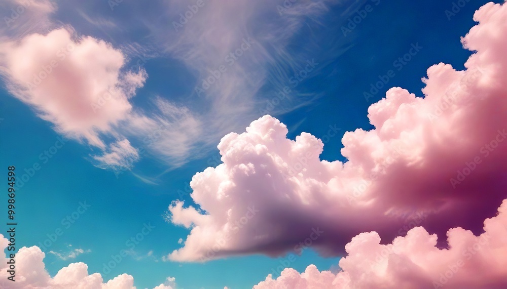 Poster a serene sky with fluffy white clouds in shades of pink and blue, creating a dreamy and tranquil atm