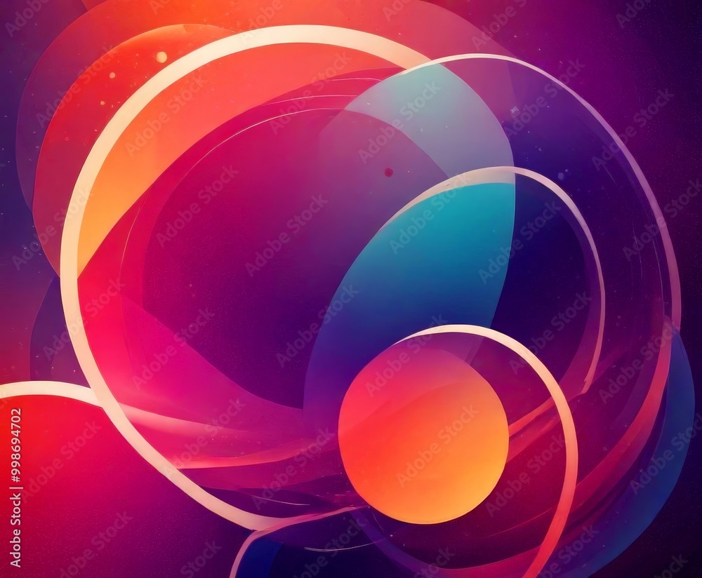 Poster a vibrant abstract composition of overlapping circles and lines in a variety of colors, including shades of orange, pink, blue, and purple, creating a dynamic and