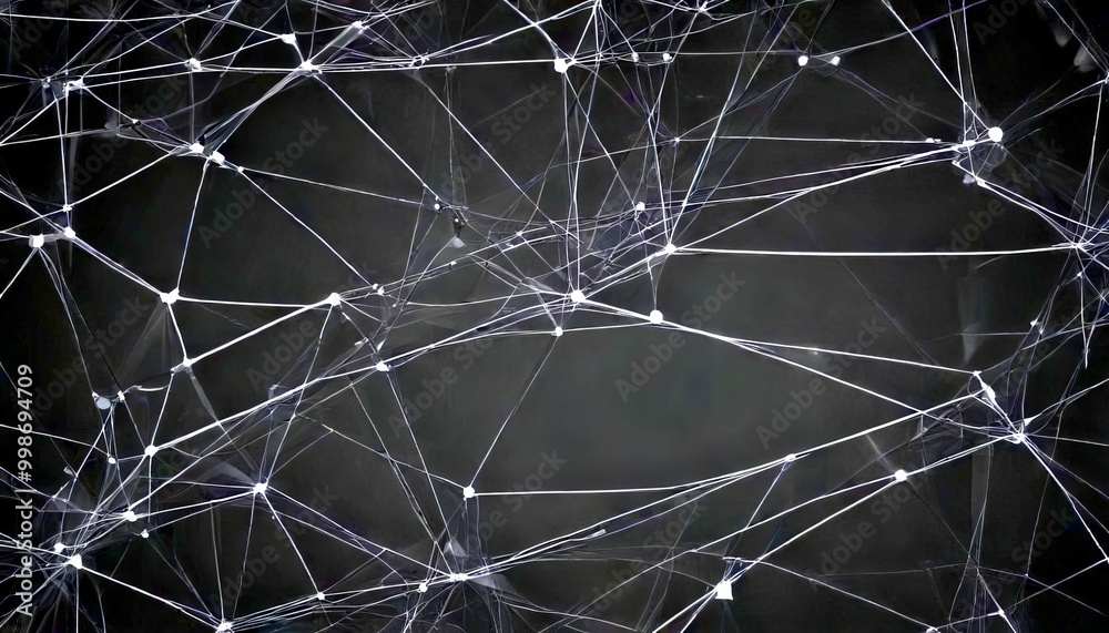 Poster a complex network of interconnected lines and dots, resembling a spider web or a web-like structure, against a dark background